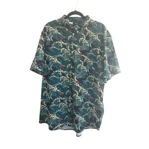 WeSC Mens XL Oden SS Shirt KOI Fish AOP Wave Casual Hawaiian Button Sweden #4943